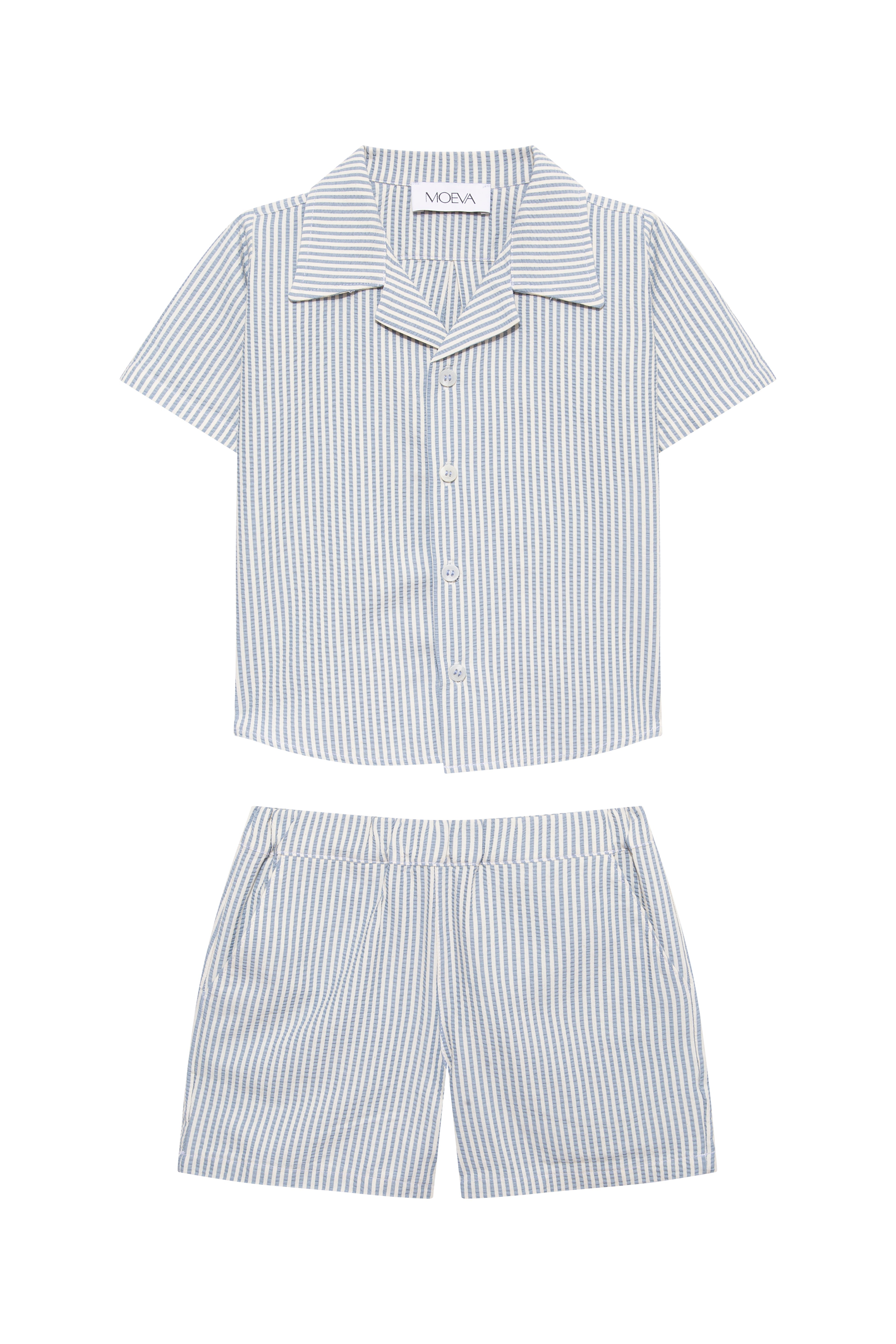Damian Blue/White Striped Kids Shirt & Shorts Set | Moeva | Swim Set | Each week unveils new pieces—luxury swimwear, fluid resort silhouettes, and elevated summer-to-evening essentials designed to carry you from coastal escapes to city nights.