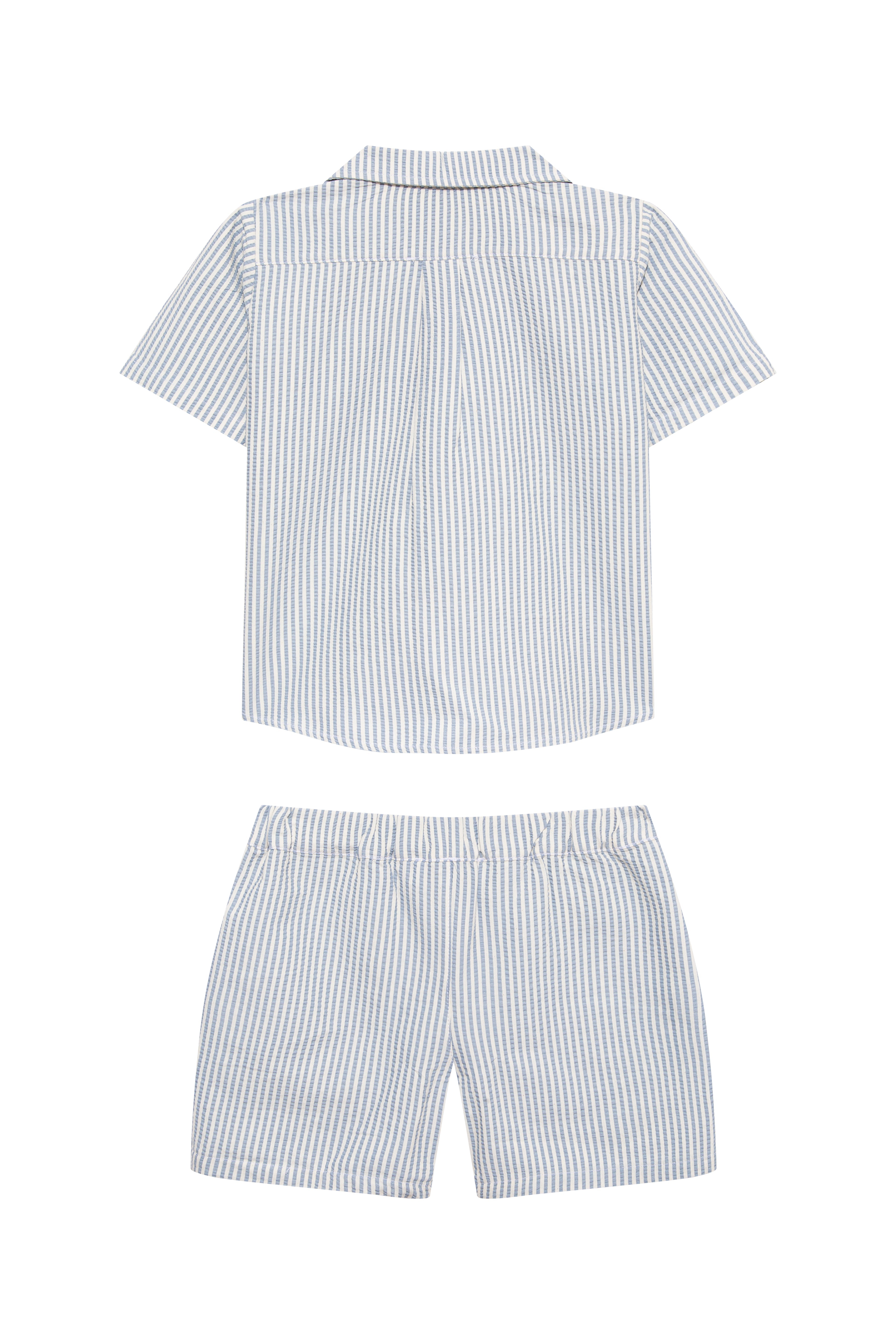 Damian Blue/White Striped Kids Shirt & Shorts Set | Moeva | Swim Set | Each week unveils new pieces—luxury swimwear, fluid resort silhouettes, and elevated summer-to-evening essentials designed to carry you from coastal escapes to city nights.