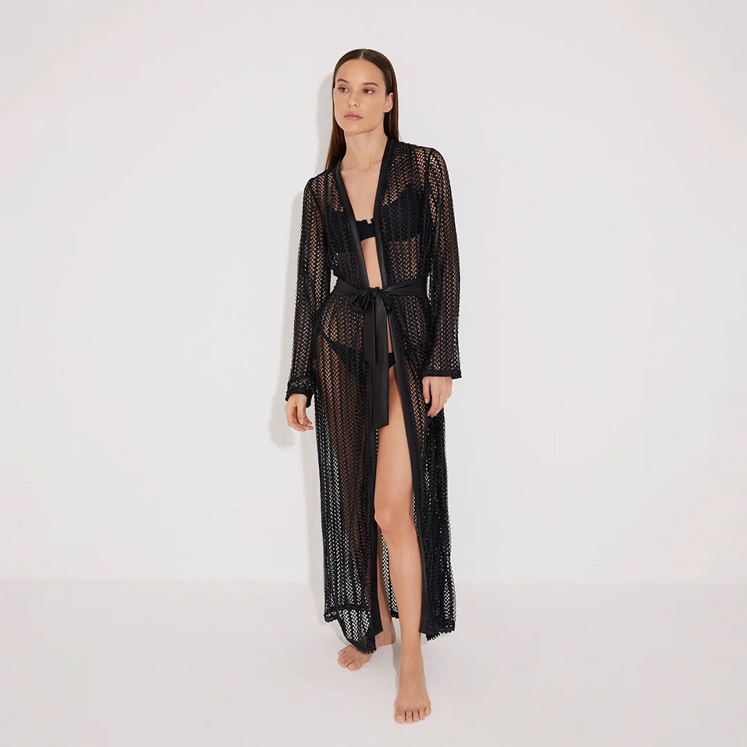 Aitana Black Open-Knit Belted Long Kaftan | Moeva | Kaftan | Each week unveils new pieces—luxury swimwear, fluid resort silhouettes, and elevated summer-to-evening essentials designed to carry you from coastal escapes to city nights.