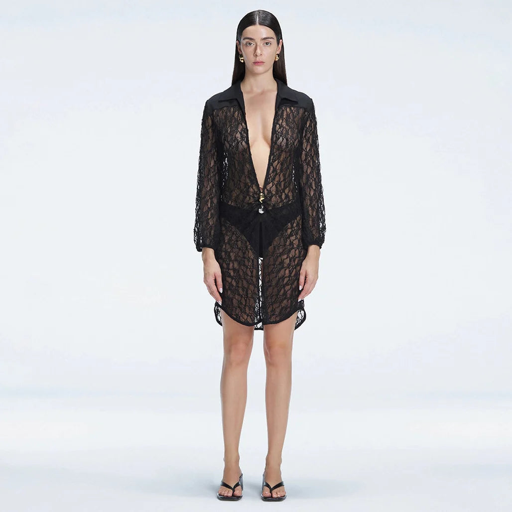 Althea Black Long Sleeve Lace Mini Kaftan | Moeva | Kaftan | Each week unveils new pieces—luxury swimwear, fluid resort silhouettes, and elevated summer-to-evening essentials designed to carry you from coastal escapes to city nights.