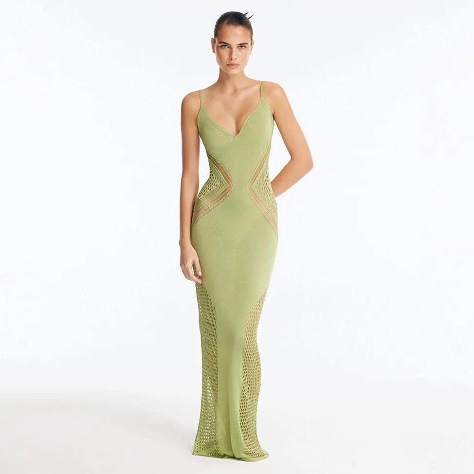 Azalea Green Knitted Maxi Dress with Side Mesh Panels | Moeva | Dress | Each week unveils new pieces—luxury swimwear, fluid resort silhouettes, and elevated summer-to-evening essentials designed to carry you from coastal escapes to city nights.