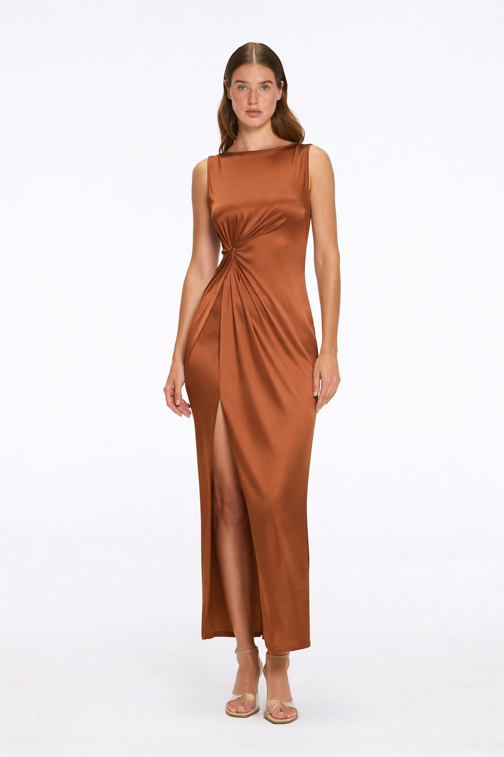 Apollo Brown Satin Sleeveless Maxi Dress with Side Slit | Moeva | Dress | Each week unveils new pieces—luxury swimwear, fluid resort silhouettes, and elevated summer-to-evening essentials designed to carry you from coastal escapes to city nights.