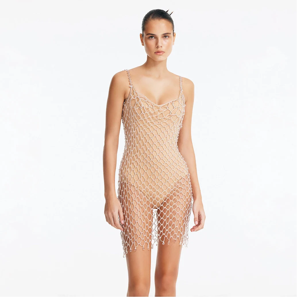 Flora Silver Scoop-Neck Swimsuit with Beaded Macrame Overlay | Moeva | Swimsuit | Each week unveils new pieces—luxury swimwear, fluid resort silhouettes, and elevated summer-to-evening essentials designed to carry you from coastal escapes to city nights.