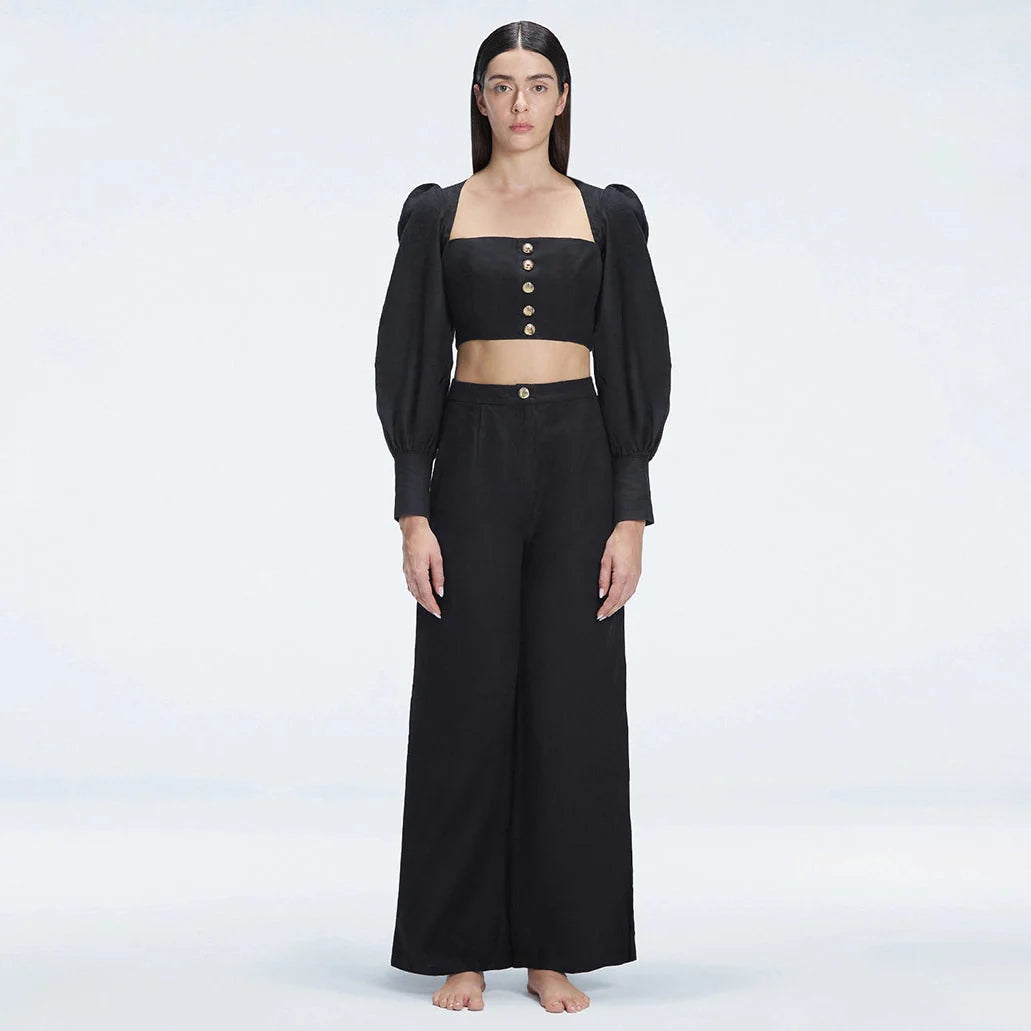 Gemma Square Neck Long Sleeve Top and Valencia High Waist Pants Black Set | Moeva | Set | Each week unveils new pieces—luxury swimwear, fluid resort silhouettes, and elevated summer-to-evening essentials designed to carry you from coastal escapes to city nights.