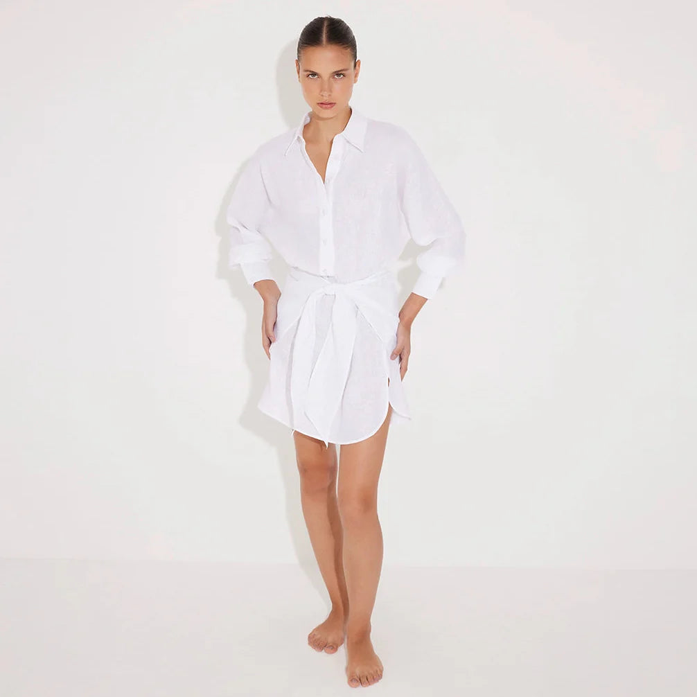 Guadalupe White Linen Shirt Dress with Tie-Front Detail | Moeva | Dress | Each week unveils new pieces—luxury swimwear, fluid resort silhouettes, and elevated summer-to-evening essentials designed to carry you from coastal escapes to city nights.