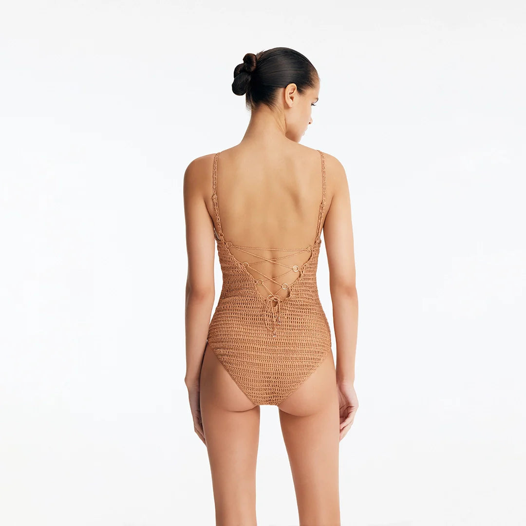 Rue Bronze Underwired Crochet Swimsuit with Tie-Back | Moeva | Swimsuit | Each week unveils new pieces—luxury swimwear, fluid resort silhouettes, and elevated summer-to-evening essentials designed to carry you from coastal escapes to city nights.