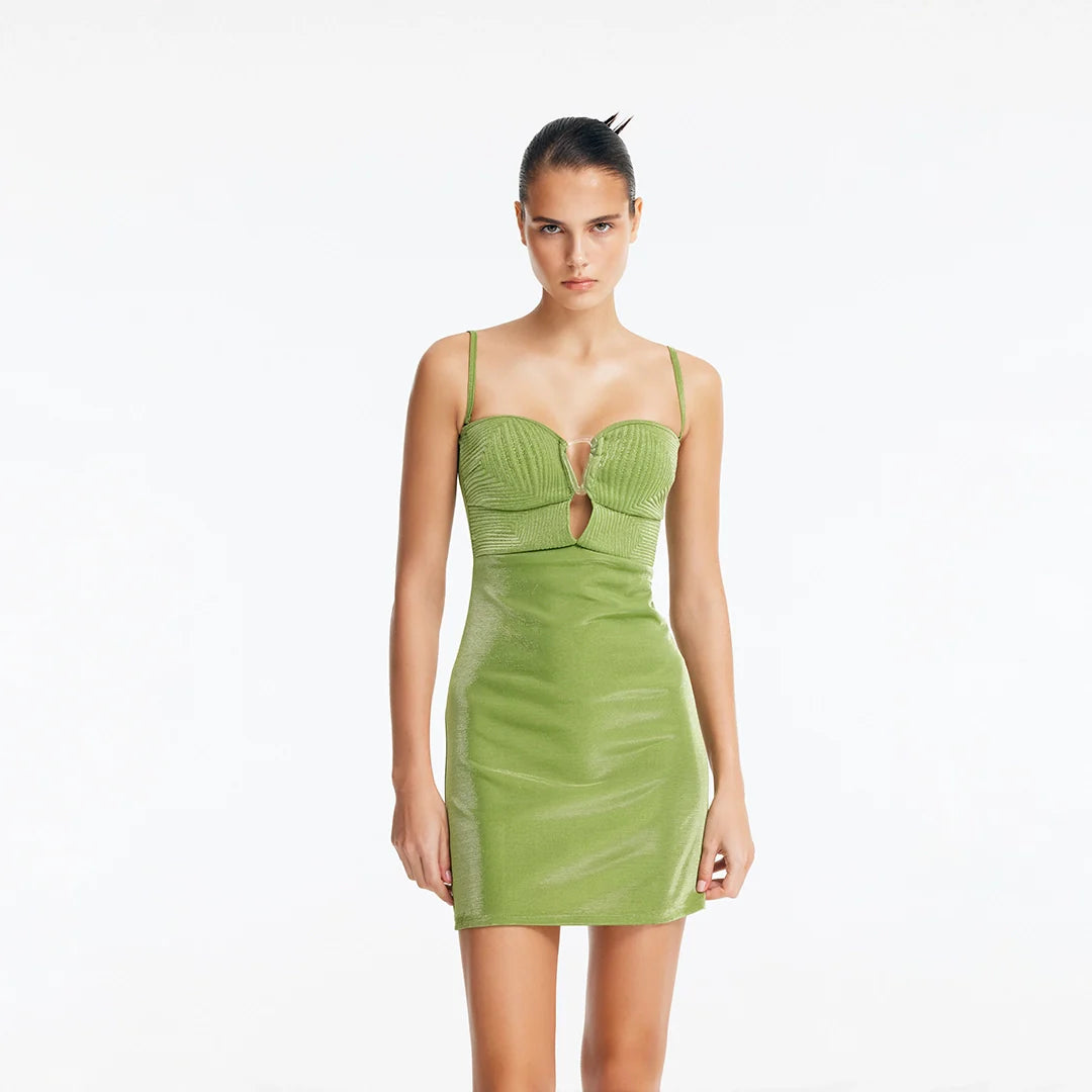 Senna Green Cut-Out Mini Dress with Accessory Detail | Moeva | Dress | Each week unveils new pieces—luxury swimwear, fluid resort silhouettes, and elevated summer-to-evening essentials designed to carry you from coastal escapes to city nights.