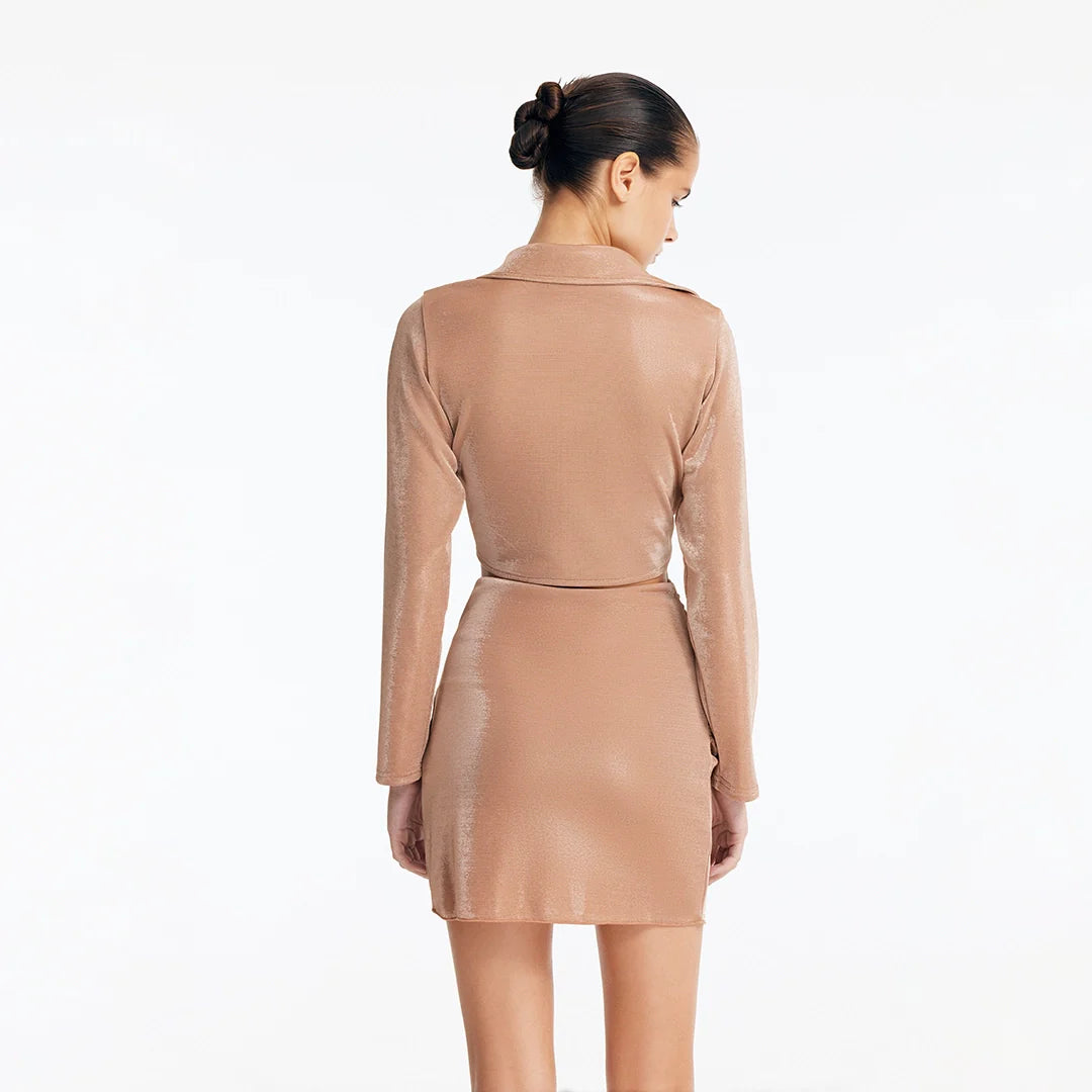 Greta Bronze Long Sleeve Tie Front Shirt | Moeva | Shirt | Each week unveils new pieces—luxury swimwear, fluid resort silhouettes, and elevated summer-to-evening essentials designed to carry you from coastal escapes to city nights.