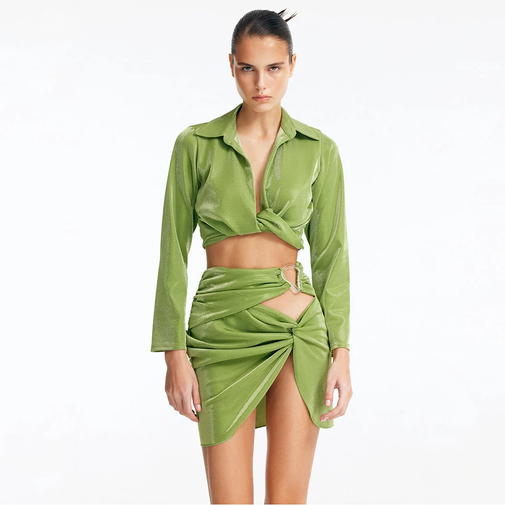 Greta Green Long Sleeve Tie Front Shirt | Moeva | Shirt | Each week unveils new pieces—luxury swimwear, fluid resort silhouettes, and elevated summer-to-evening essentials designed to carry you from coastal escapes to city nights.