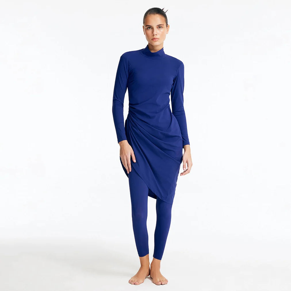Sahar Navy Blue Sculpted Drape Full-Coverage Swim Set | Moeva | Swimsuit | Each week unveils new pieces—luxury swimwear, fluid resort silhouettes, and elevated summer-to-evening essentials designed to carry you from coastal escapes to city nights.