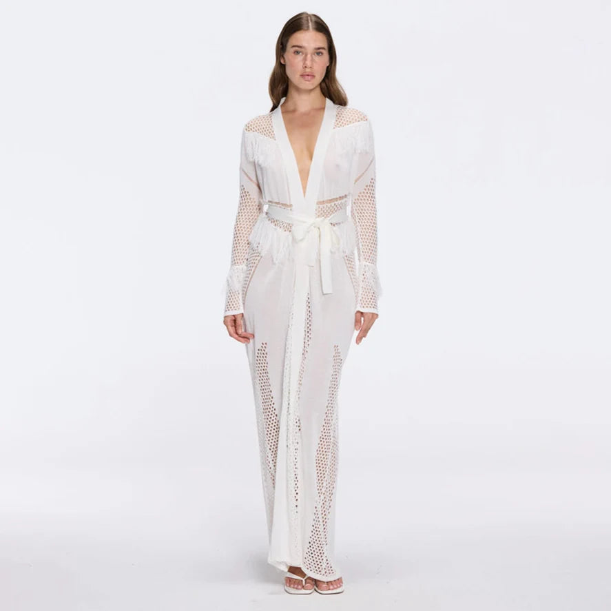 Itzel White Knitted Mesh Long-Sleeve Kaftan | Moeva | Kaftan | Each week unveils new pieces—luxury swimwear, fluid resort silhouettes, and elevated summer-to-evening essentials designed to carry you from coastal escapes to city nights.