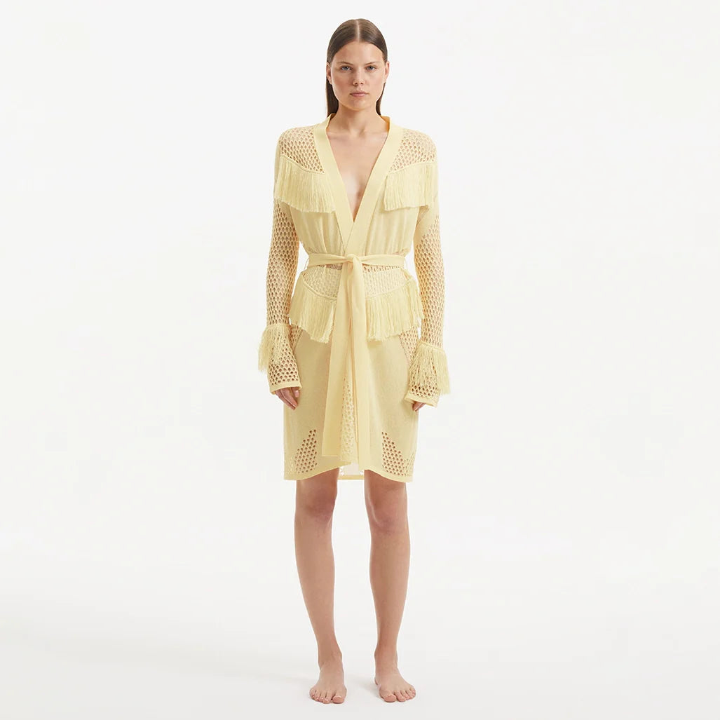 Kenga Knitted Knee-Length Long-Sleeve Belted Yellow Kaftan | Moeva | Kaftan | Each week unveils new pieces—luxury swimwear, fluid resort silhouettes, and elevated summer-to-evening essentials designed to carry you from coastal escapes to city nights.