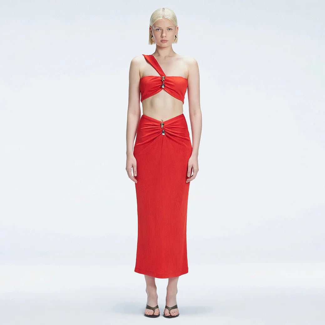 Lane One-Shoulder Black Crop Top and Esmeralda Maxi Skirt with Front Ruched Detail | Moeva | Set | Each week unveils new pieces—luxury swimwear, fluid resort silhouettes, and elevated summer-to-evening essentials designed to carry you from coastal escapes to city nights.