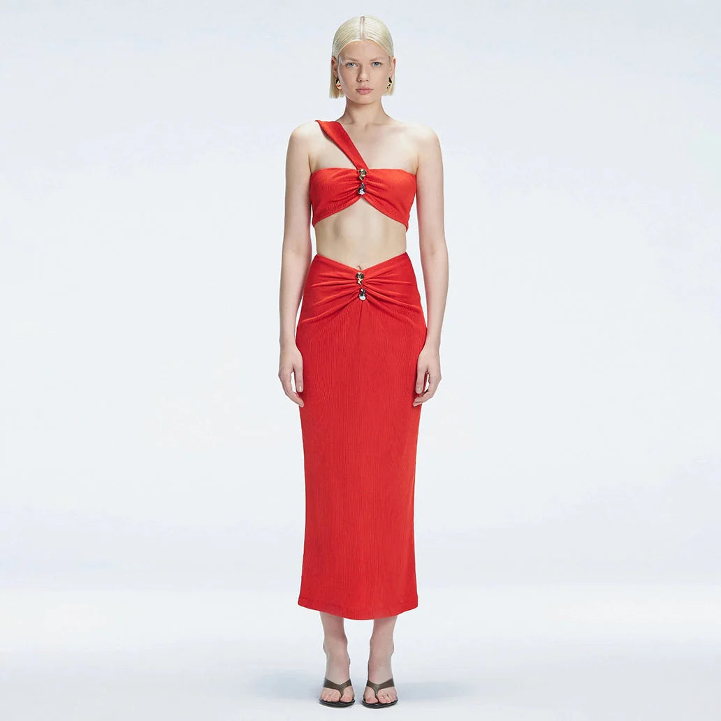 Lane Red Textured One Shoulder Crop Top | Moeva | Crop Top | Each week unveils new pieces—luxury swimwear, fluid resort silhouettes, and elevated summer-to-evening essentials designed to carry you from coastal escapes to city nights.