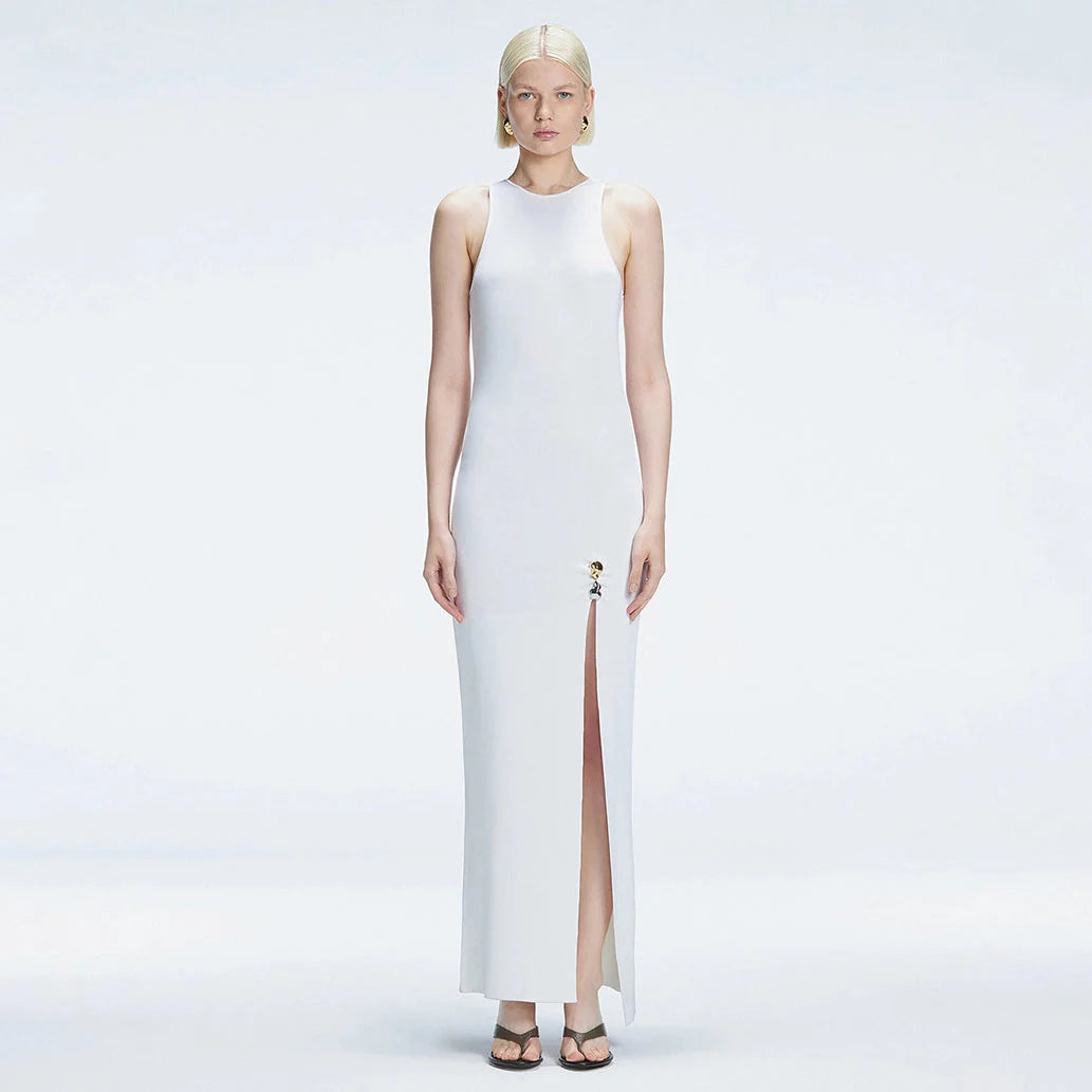 Louisa White Halter Knit Maxi Dress with Slit Detail | Moeva | Dress | Each week unveils new pieces—luxury swimwear, fluid resort silhouettes, and elevated summer-to-evening essentials designed to carry you from coastal escapes to city nights.