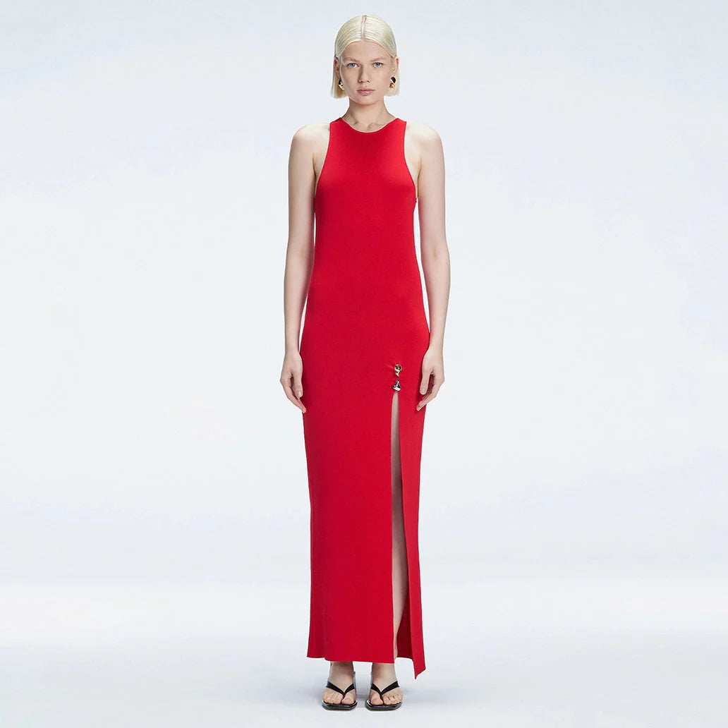 Louisa Red Halter Knit Maxi Dress with Slit Detail | Moeva | Dress | Each week unveils new pieces—luxury swimwear, fluid resort silhouettes, and elevated summer-to-evening essentials designed to carry you from coastal escapes to city nights.
