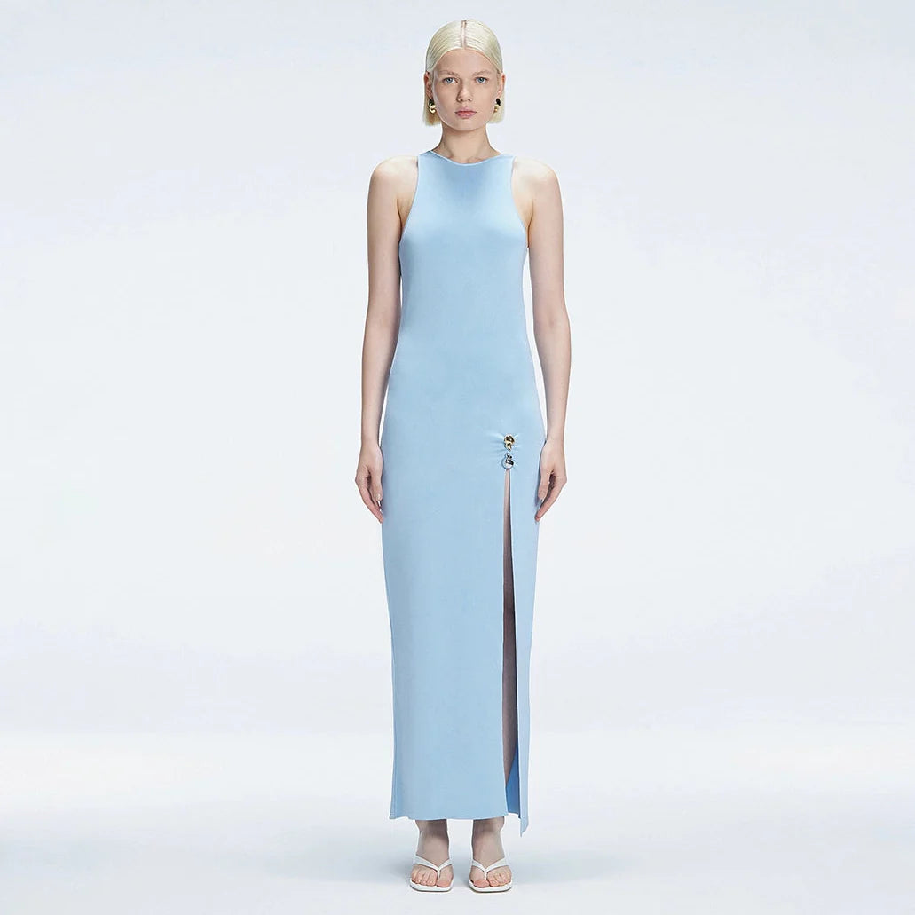 Louisa Blue Halter Knit Maxi Dress with Slit Detail | Moeva | Dress | Each week unveils new pieces—luxury swimwear, fluid resort silhouettes, and elevated summer-to-evening essentials designed to carry you from coastal escapes to city nights.