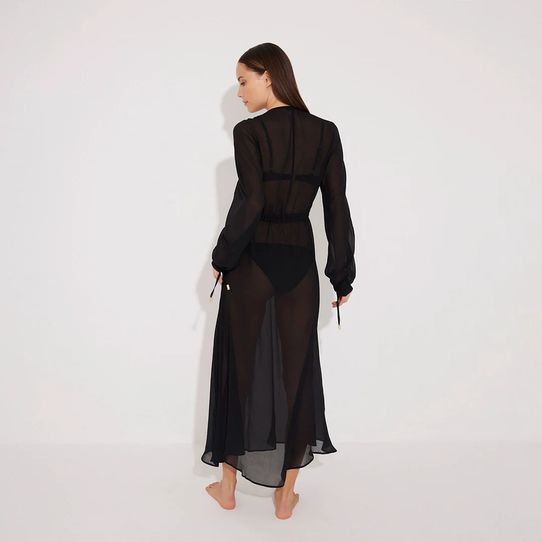 Lula Silk Blouson-Sleeve Belted Sheer Black Maxi Dress | Moeva | Dress | Each week unveils new pieces—luxury swimwear, fluid resort silhouettes, and elevated summer-to-evening essentials designed to carry you from coastal escapes to city nights.