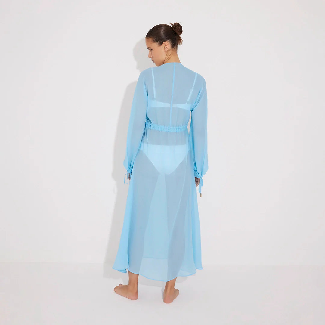 Lula Silk Blouson-Sleeve Belted Sheer Blue Maxi Dress | Moeva | Dress | Each week unveils new pieces—luxury swimwear, fluid resort silhouettes, and elevated summer-to-evening essentials designed to carry you from coastal escapes to city nights.
