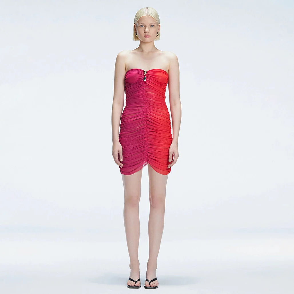 Marsiela Pink Optical Bandeau Draped Mini Dress | Moeva | Dress | Each week unveils new pieces—luxury swimwear, fluid resort silhouettes, and elevated summer-to-evening essentials designed to carry you from coastal escapes to city nights.