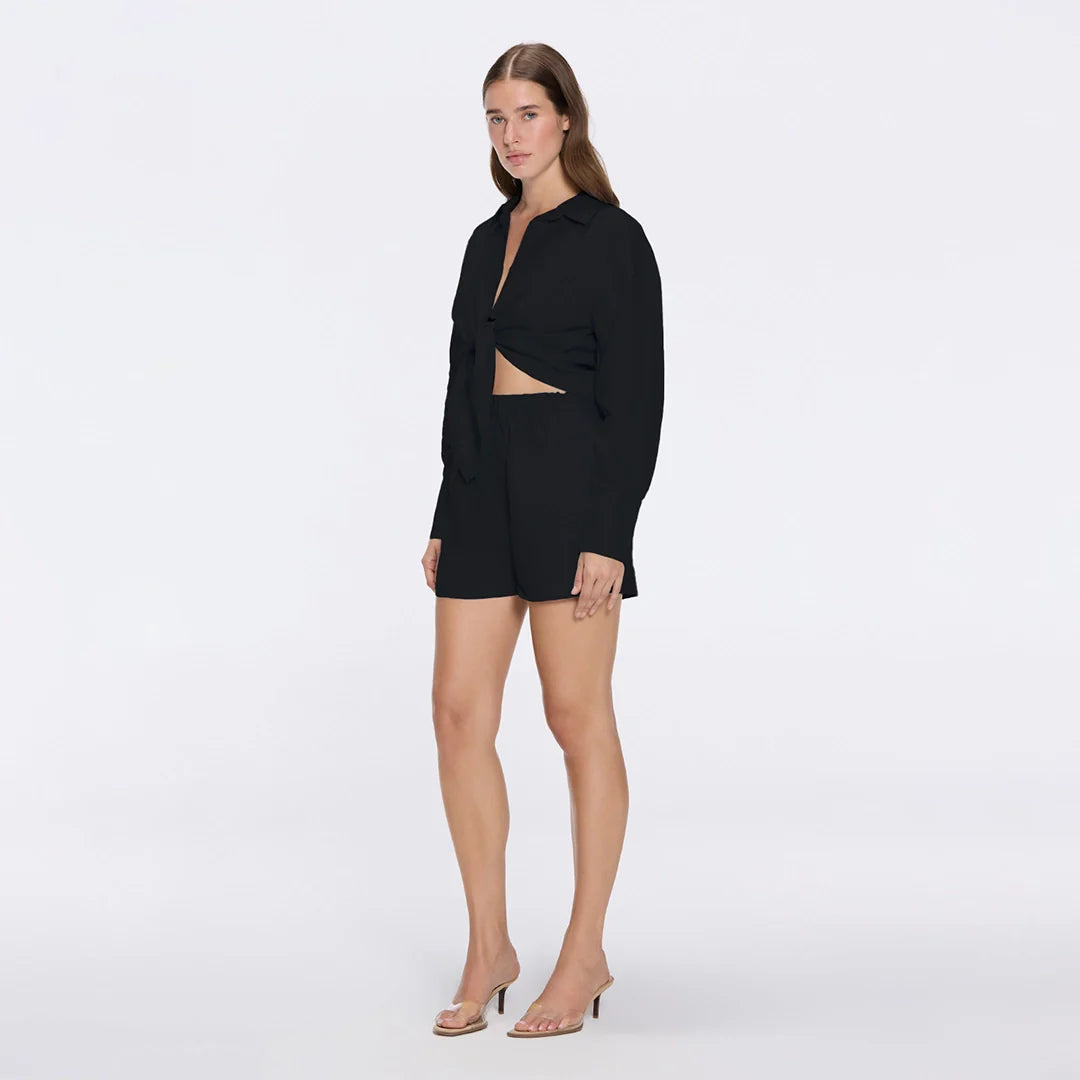 Hanson Black Long Sleeve Linen Tie Front Shirt | Moeva | Shirt | Each week unveils new pieces—luxury swimwear, fluid resort silhouettes, and elevated summer-to-evening essentials designed to carry you from coastal escapes to city nights.