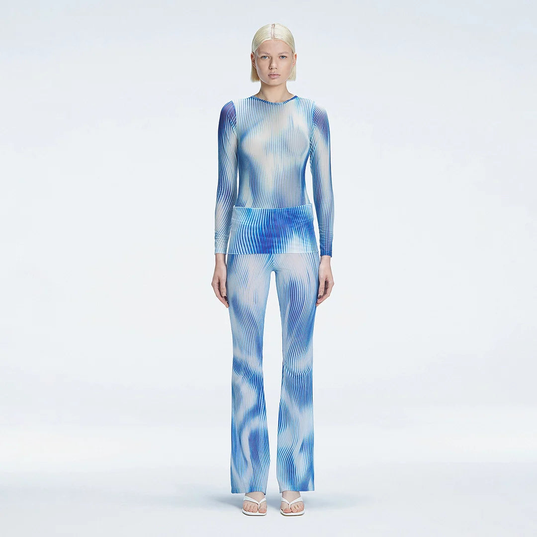 Mireya Bodysuit and Freya High Waist Pants Blue Optical Set | Moeva | Set | Each week unveils new pieces—luxury swimwear, fluid resort silhouettes, and elevated summer-to-evening essentials designed to carry you from coastal escapes to city nights.