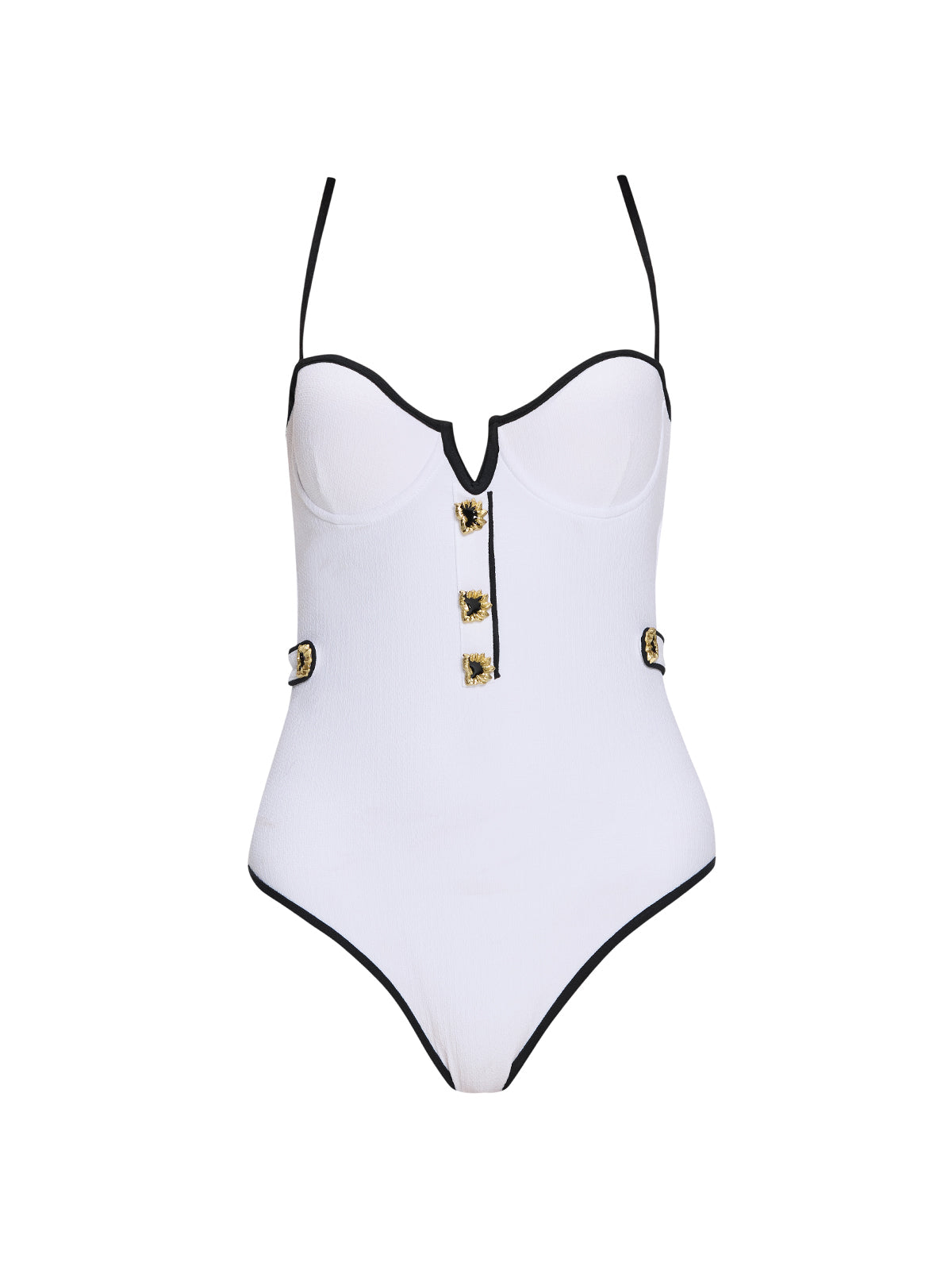 Lourmarin White Underwired Gold Button Detail Swimsuit | Moeva | Swimsuit | Each week unveils new pieces—luxury swimwear, fluid resort silhouettes, and elevated summer-to-evening essentials designed to carry you from coastal escapes to city nights.