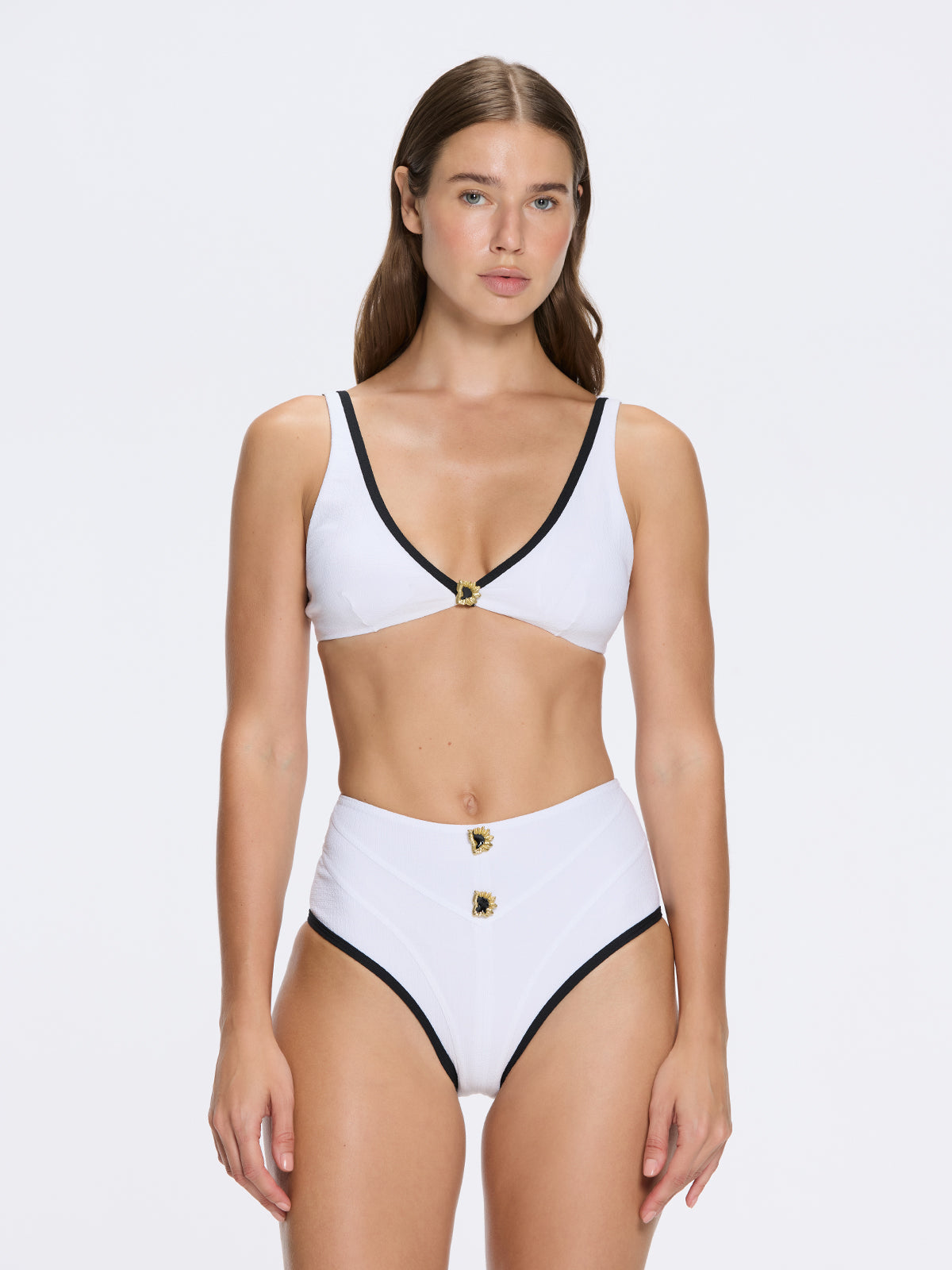 Merrin White-Black V Neck Textured Bikini Top | Moeva | Bikini Top | Each week unveils new pieces—luxury swimwear, fluid resort silhouettes, and elevated summer-to-evening essentials designed to carry you from coastal escapes to city nights.