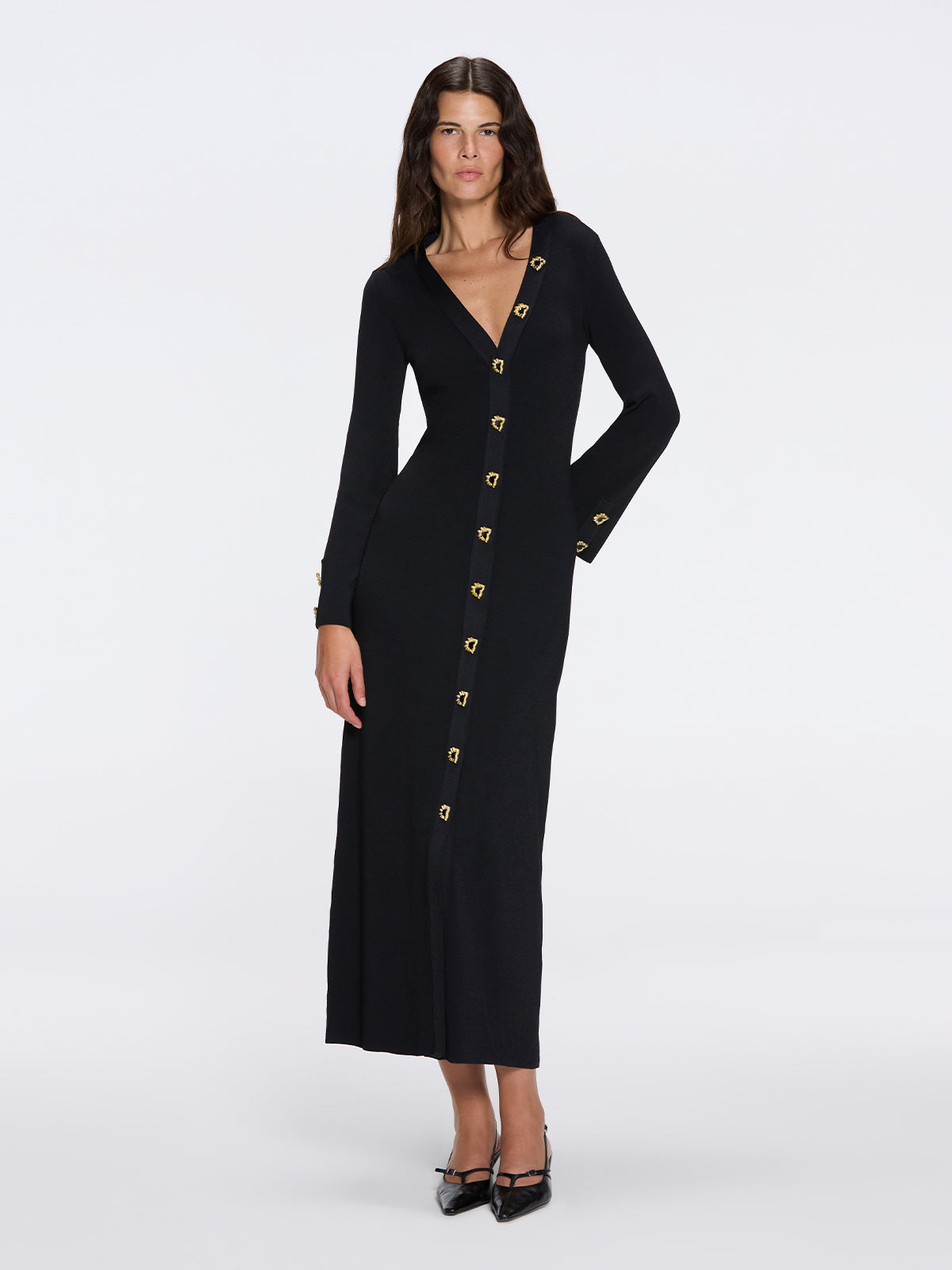 Brezia Black Knitted Maxi Dress with Long Sleeves and Gold Button Details | Moeva | Dress | Each week unveils new pieces—luxury swimwear, fluid resort silhouettes, and elevated summer-to-evening essentials designed to carry you from coastal escapes to city nights.