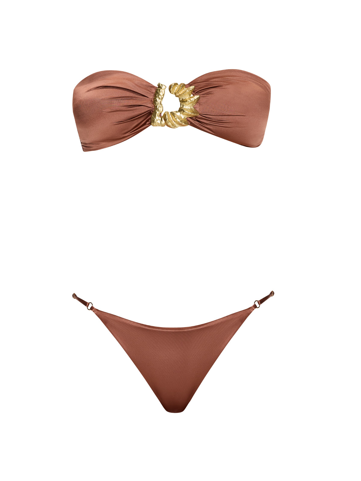 Astrid Bandeau Gold Detail Mid Coverage Satin Brown Bikini Set | Moeva | Bikini Set | Each week unveils new pieces—luxury swimwear, fluid resort silhouettes, and elevated summer-to-evening essentials designed to carry you from coastal escapes to city nights.