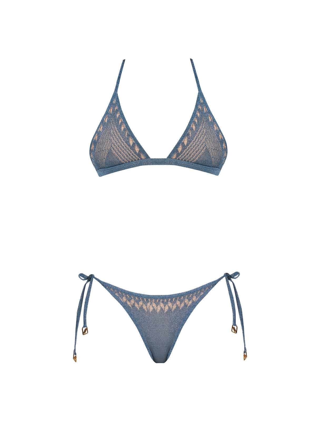 Isola Blue Metallic Knit Triangle Low Waist Bikini Set | Moeva | Bikini Set | Each week unveils new pieces—luxury swimwear, fluid resort silhouettes, and elevated summer-to-evening essentials designed to carry you from coastal escapes to city nights.