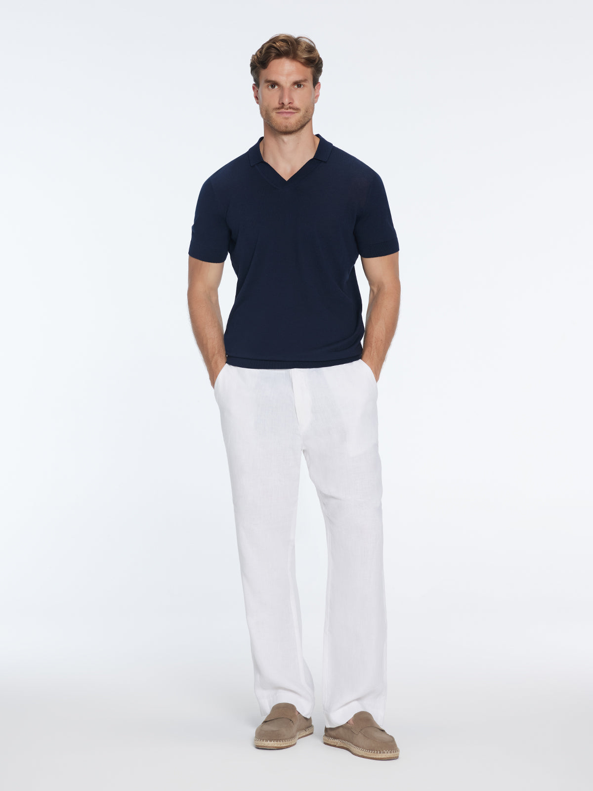 Mark Dark Blue Cotton V-Neck Polo T-Shirt | Moeva | T-Shirt | Each week unveils new pieces—luxury swimwear, fluid resort silhouettes, and elevated summer-to-evening essentials designed to carry you from coastal escapes to city nights.