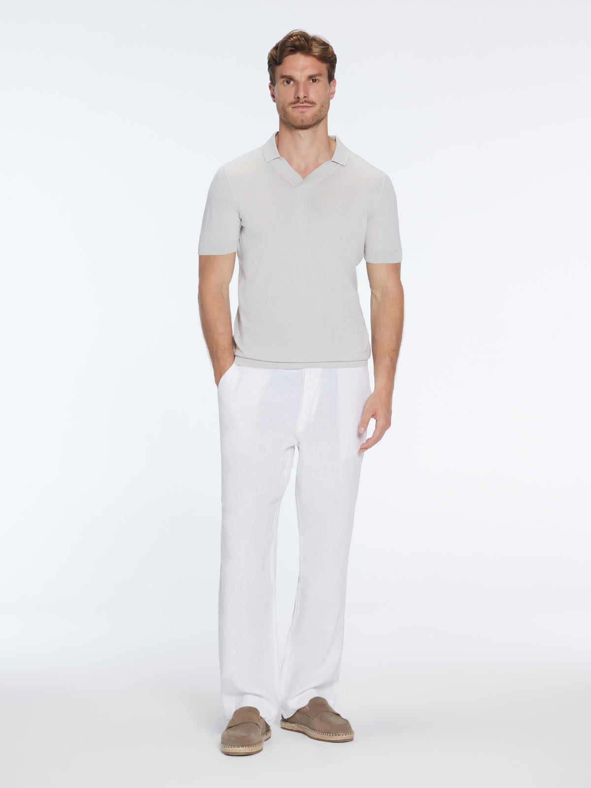 Mark Grey Cotton V-Neck Polo T-Shirt | Moeva | T-Shirt | Each week unveils new pieces—luxury swimwear, fluid resort silhouettes, and elevated summer-to-evening essentials designed to carry you from coastal escapes to city nights.