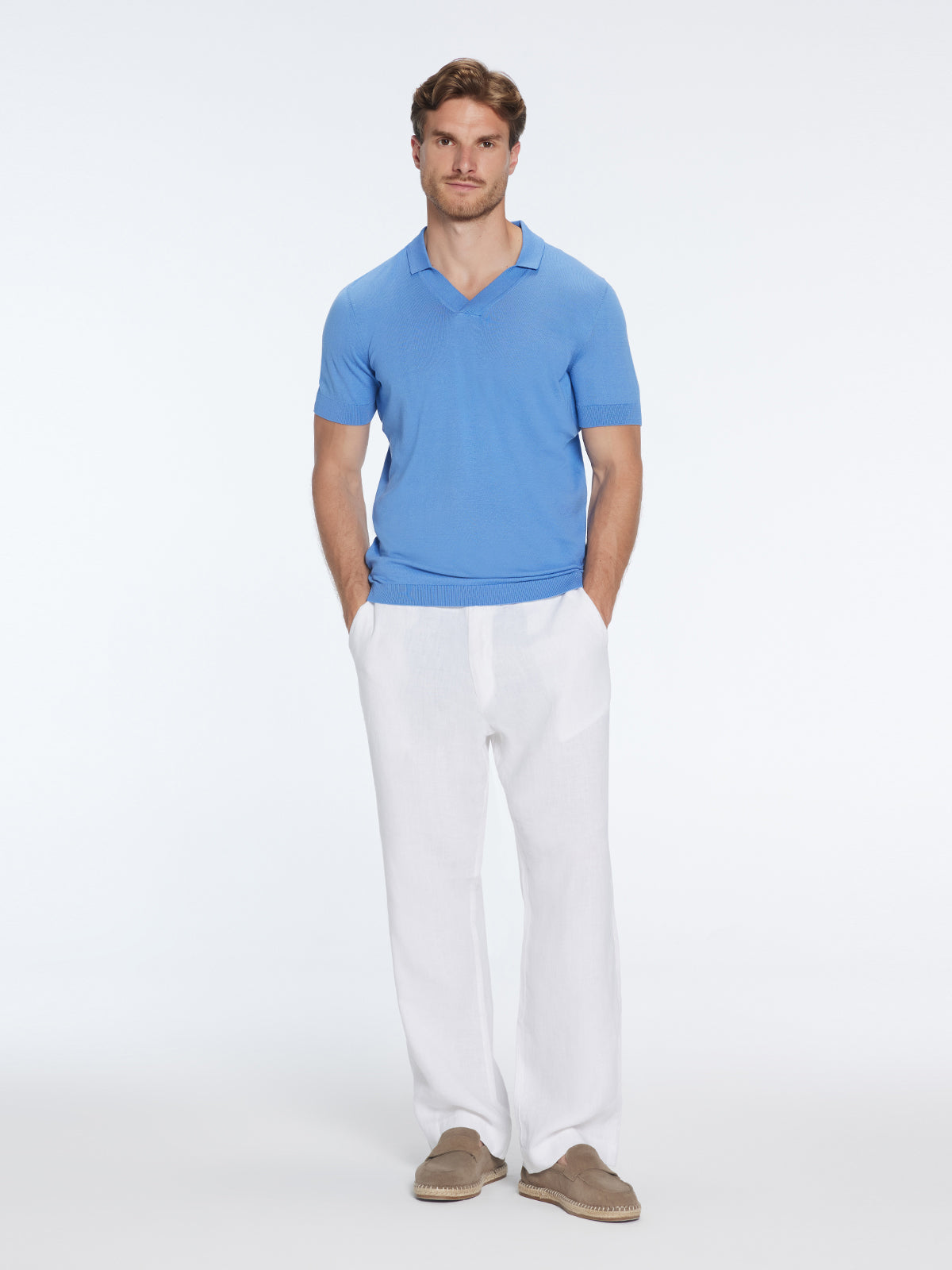 Mark Baby Blue Cotton V-Neck Polo T-Shirt | Moeva | T-Shirt | Each week unveils new pieces—luxury swimwear, fluid resort silhouettes, and elevated summer-to-evening essentials designed to carry you from coastal escapes to city nights.