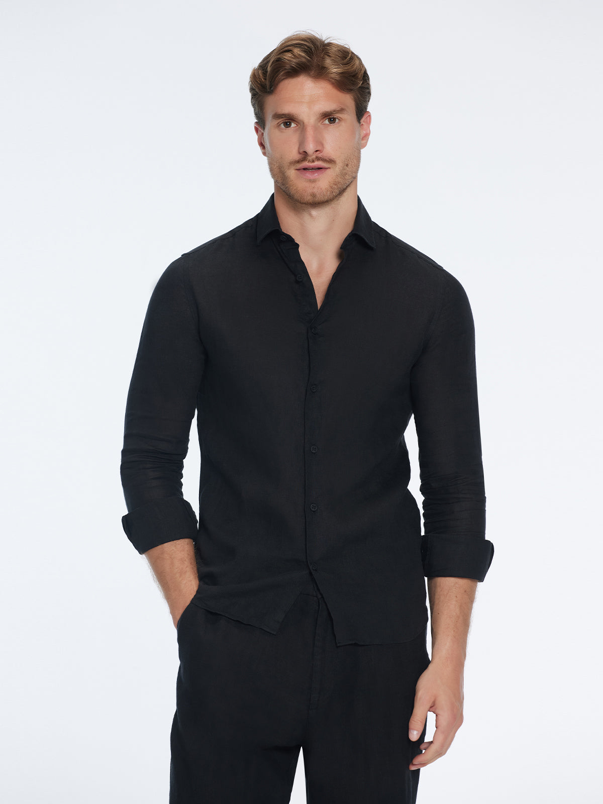 James Black Linen Slim-Fit Shirt | Moeva | Shirt | Each week unveils new pieces—luxury swimwear, fluid resort silhouettes, and elevated summer-to-evening essentials designed to carry you from coastal escapes to city nights.
