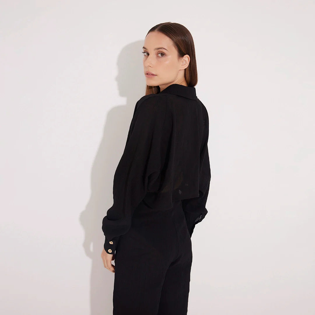 Jacinta Black Cropped Sheer Long Sleeve Shirt and Aura Black High Waist Beach Pants | Moeva | Set | Each week unveils new pieces—luxury swimwear, fluid resort silhouettes, and elevated summer-to-evening essentials designed to carry you from coastal escapes to city nights.