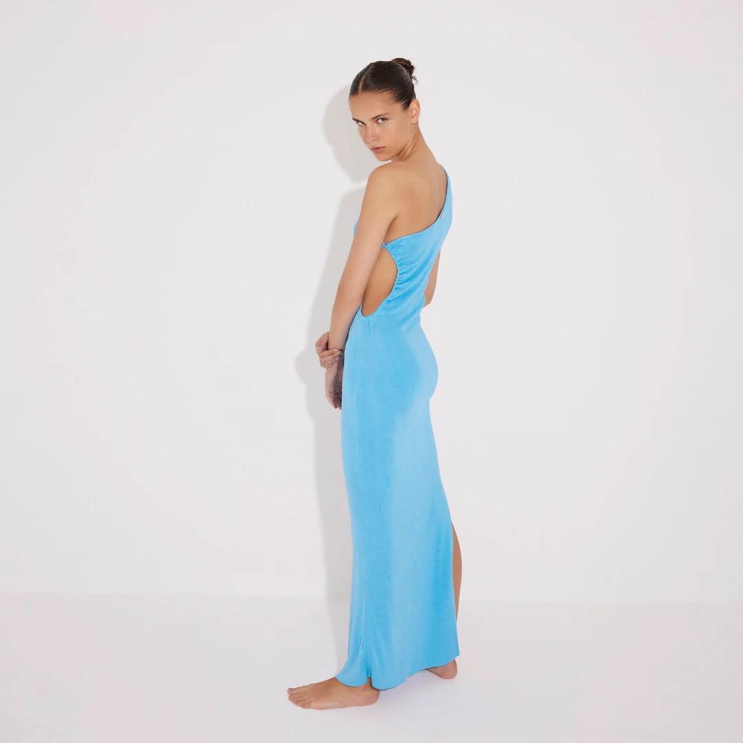 Fewa Blue One-Shoulder Knitted Maxi Dress with Side Cut-Out Detail | Moeva | Dress | Each week unveils new pieces—luxury swimwear, fluid resort silhouettes, and elevated summer-to-evening essentials designed to carry you from coastal escapes to city nights.