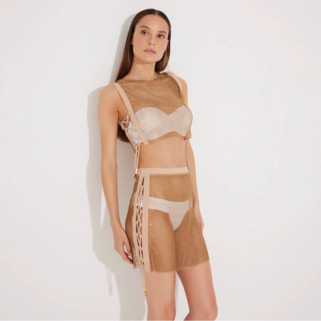 Alejandra Bronze Rhinestone Details Mesh Top and Skirt Set | Moeva | Set | Each week unveils new pieces—luxury swimwear, fluid resort silhouettes, and elevated summer-to-evening essentials designed to carry you from coastal escapes to city nights.
