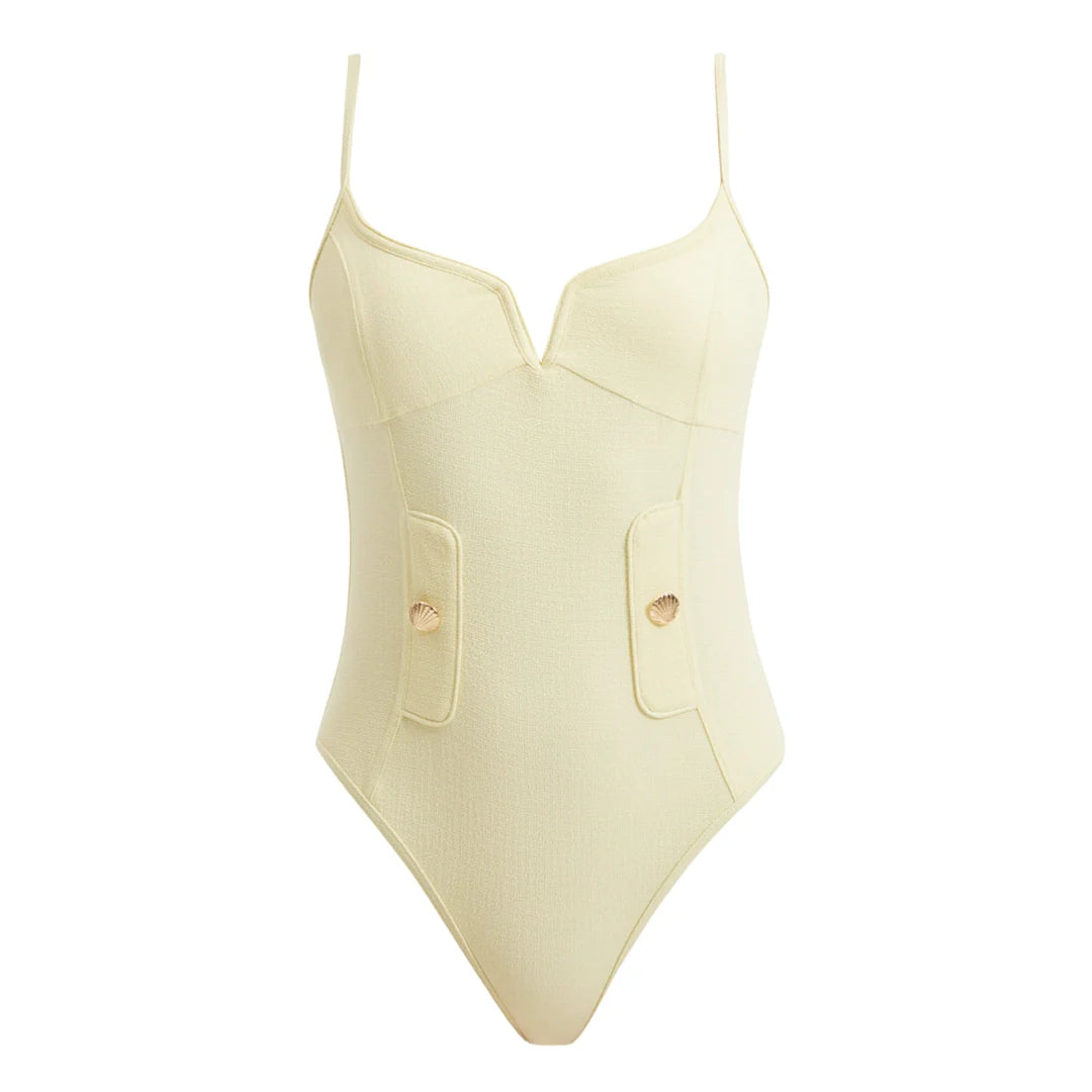 Muriel Yellow Scoop Neck Textured Swimsuit | Moeva | Swimsuit | Each week unveils new pieces—luxury swimwear, fluid resort silhouettes, and elevated summer-to-evening essentials designed to carry you from coastal escapes to city nights.