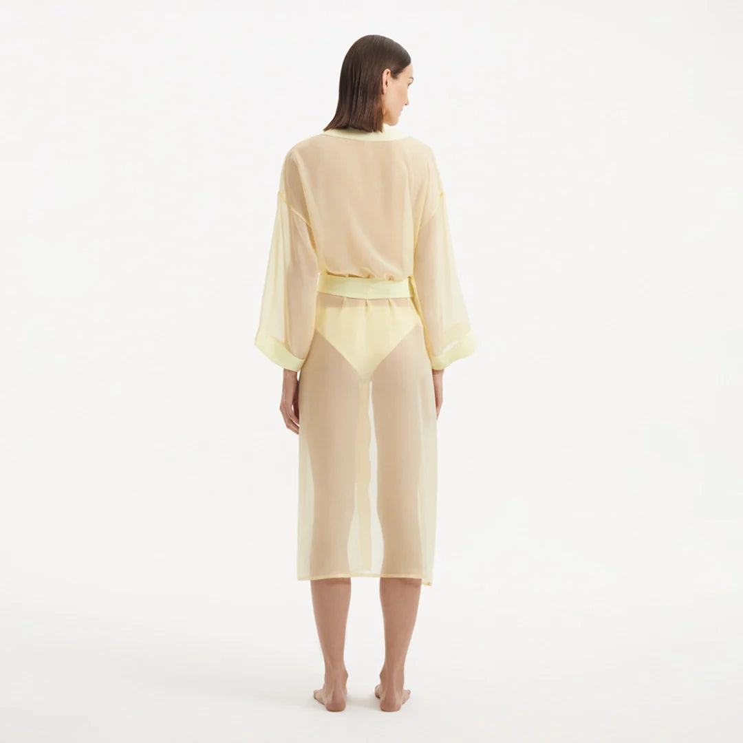 Blaze Long Sleeve Wavy-Trim Belted Sheer Yellow Kaftan | Moeva | Kaftan | Each week unveils new pieces—luxury swimwear, fluid resort silhouettes, and elevated summer-to-evening essentials designed to carry you from coastal escapes to city nights.