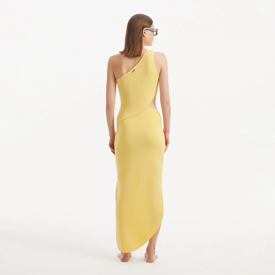 Shore Yellow One-Shoulder Maxi Knitted Dress with Cut-Out Details | Moeva | Dress | Each week unveils new pieces—luxury swimwear, fluid resort silhouettes, and elevated summer-to-evening essentials designed to carry you from coastal escapes to city nights.
