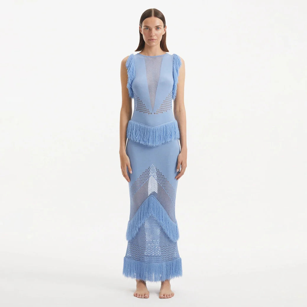 Maris Baby Blue Knitted Maxi Dress with Fringe and Open Back | Moeva | Dress | Each week unveils new pieces—luxury swimwear, fluid resort silhouettes, and elevated summer-to-evening essentials designed to carry you from coastal escapes to city nights.