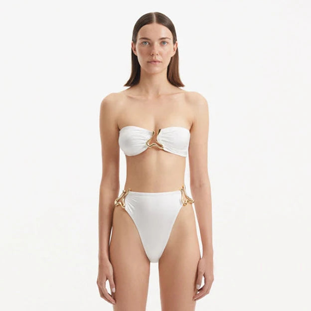 Clyde White Bandeau High Waist Satin Bikini Set | Moeva | Bikini Set | Each week unveils new pieces—luxury swimwear, fluid resort silhouettes, and elevated summer-to-evening essentials designed to carry you from coastal escapes to city nights.