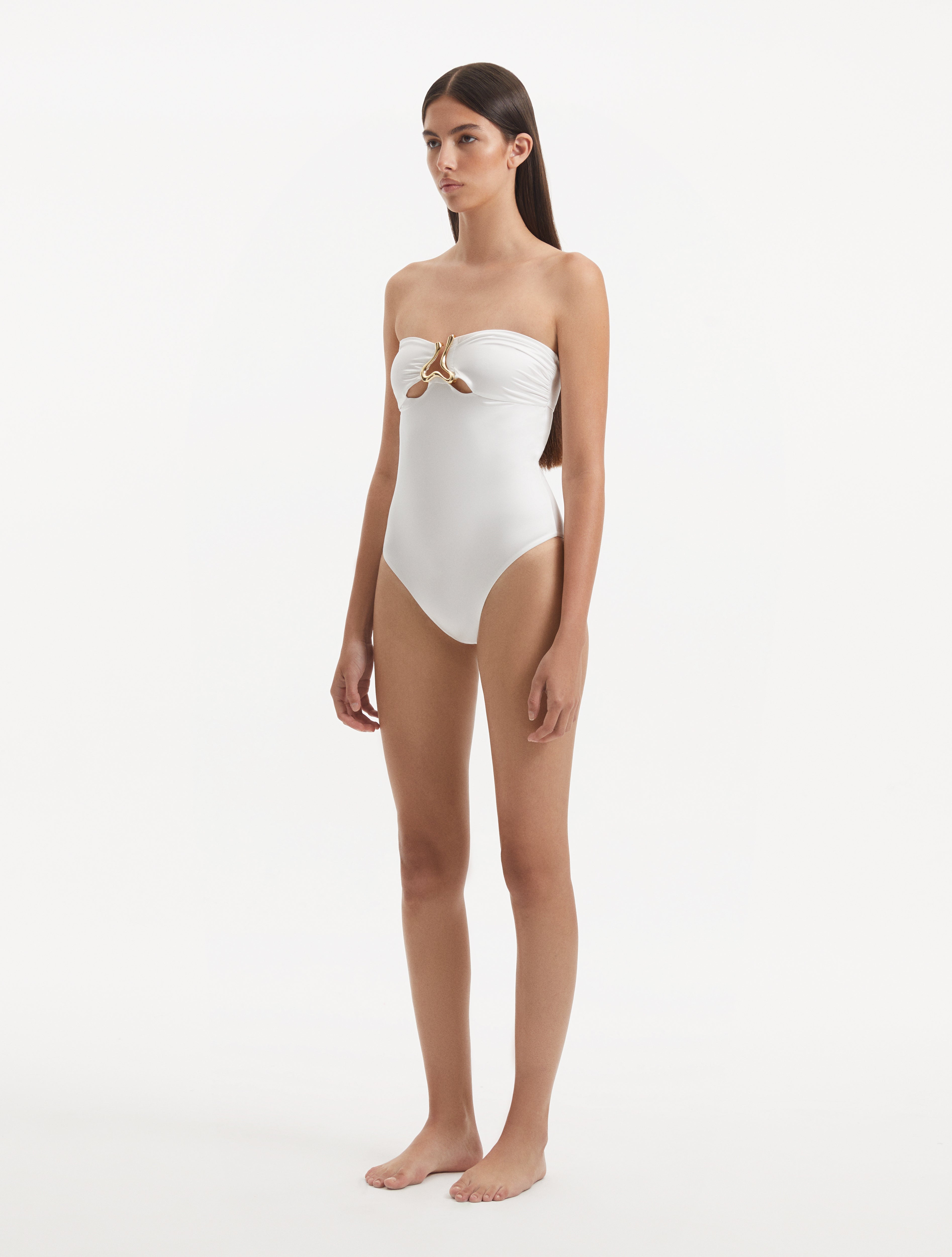 Kenna White Bandeau Satin Swimsuit | Moeva | Swimsuit | Each week unveils new pieces—luxury swimwear, fluid resort silhouettes, and elevated summer-to-evening essentials designed to carry you from coastal escapes to city nights.