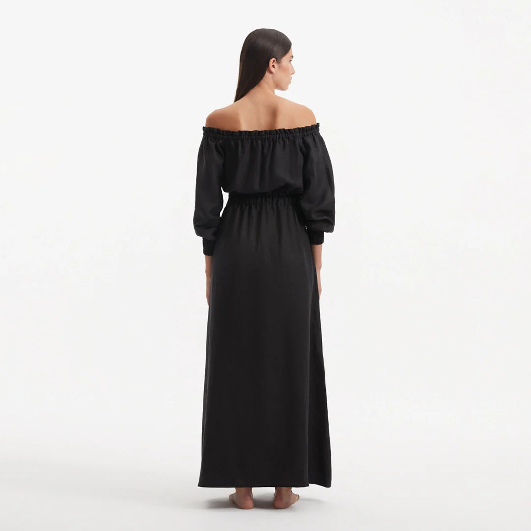 Dante Black Off-Shoulder Maxi Dress with Belted Waist | Moeva | Dress | Each week unveils new pieces—luxury swimwear, fluid resort silhouettes, and elevated summer-to-evening essentials designed to carry you from coastal escapes to city nights.
