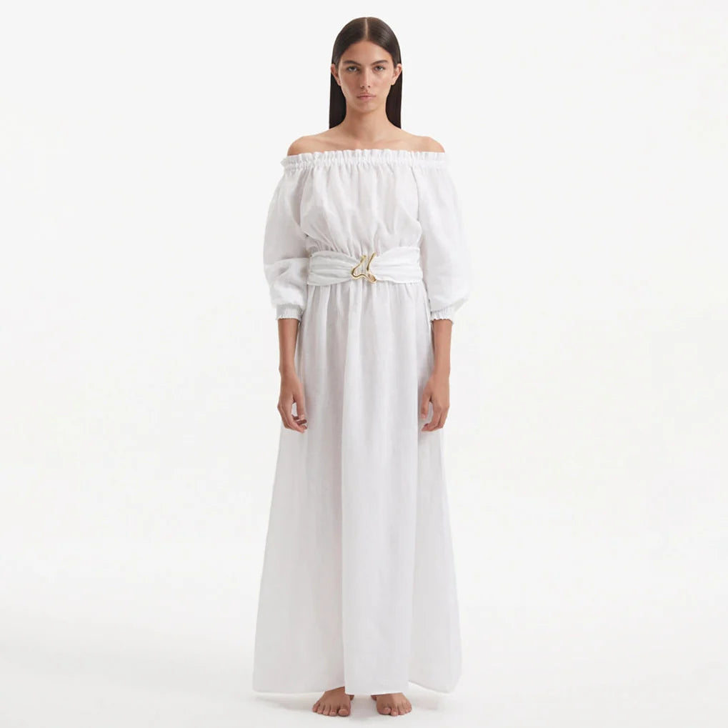 Dante White Off-Shoulder Maxi Dress with Belted Waist | Moeva | Dress | Each week unveils new pieces—luxury swimwear, fluid resort silhouettes, and elevated summer-to-evening essentials designed to carry you from coastal escapes to city nights.
