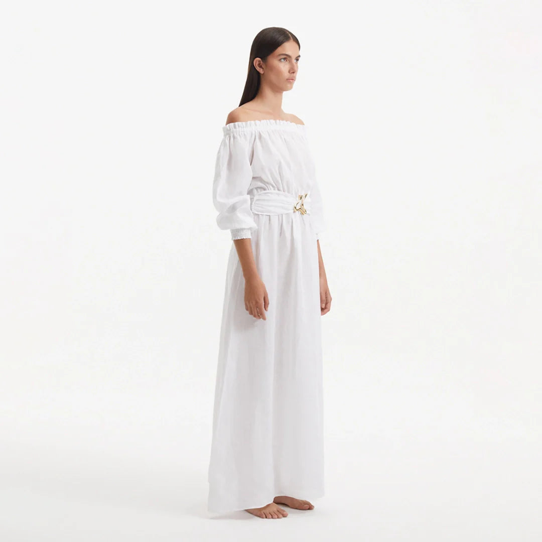 Dante White Off-Shoulder Maxi Dress with Belted Waist | Moeva | Dress | Each week unveils new pieces—luxury swimwear, fluid resort silhouettes, and elevated summer-to-evening essentials designed to carry you from coastal escapes to city nights.