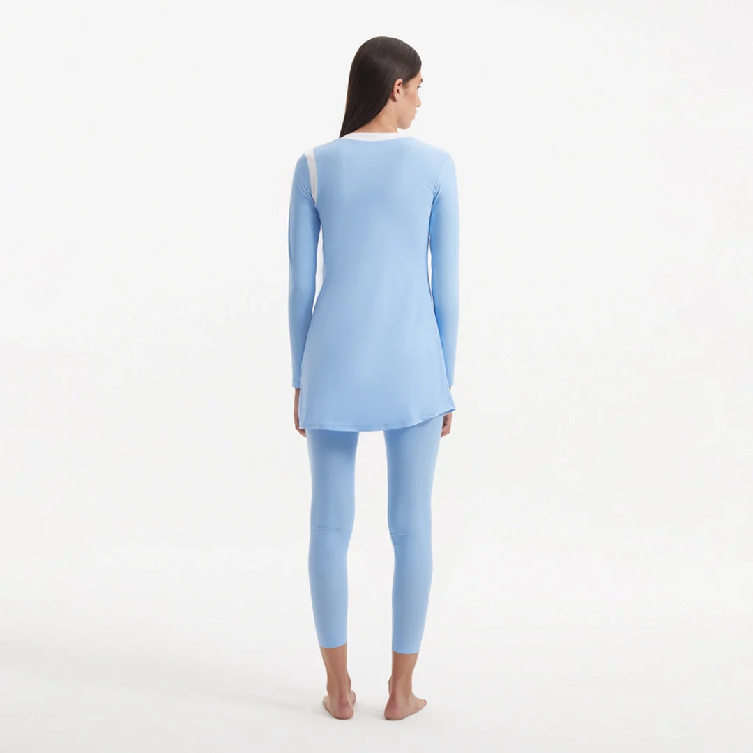 Kamaria Blue Long Sleeve Accessorised Modest Swim Set | Moeva | Swimsuit | Each week unveils new pieces—luxury swimwear, fluid resort silhouettes, and elevated summer-to-evening essentials designed to carry you from coastal escapes to city nights.