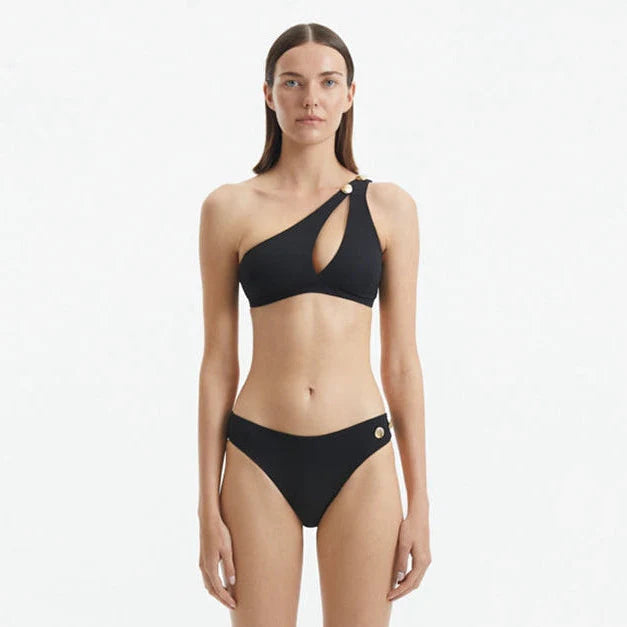 Eyre Black One Shoulder Mid Coverage Textured Bikini Set | Moeva | Bikini Set | Each week unveils new pieces—luxury swimwear, fluid resort silhouettes, and elevated summer-to-evening essentials designed to carry you from coastal escapes to city nights.