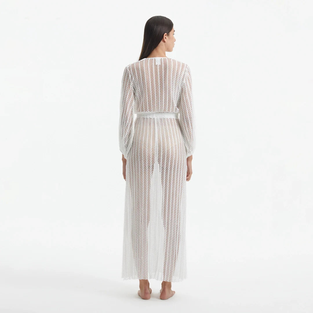 Fernanda White Knitted Mesh Long-Sleeve Maxi Dress | Moeva | Dress | Each week unveils new pieces—luxury swimwear, fluid resort silhouettes, and elevated summer-to-evening essentials designed to carry you from coastal escapes to city nights.